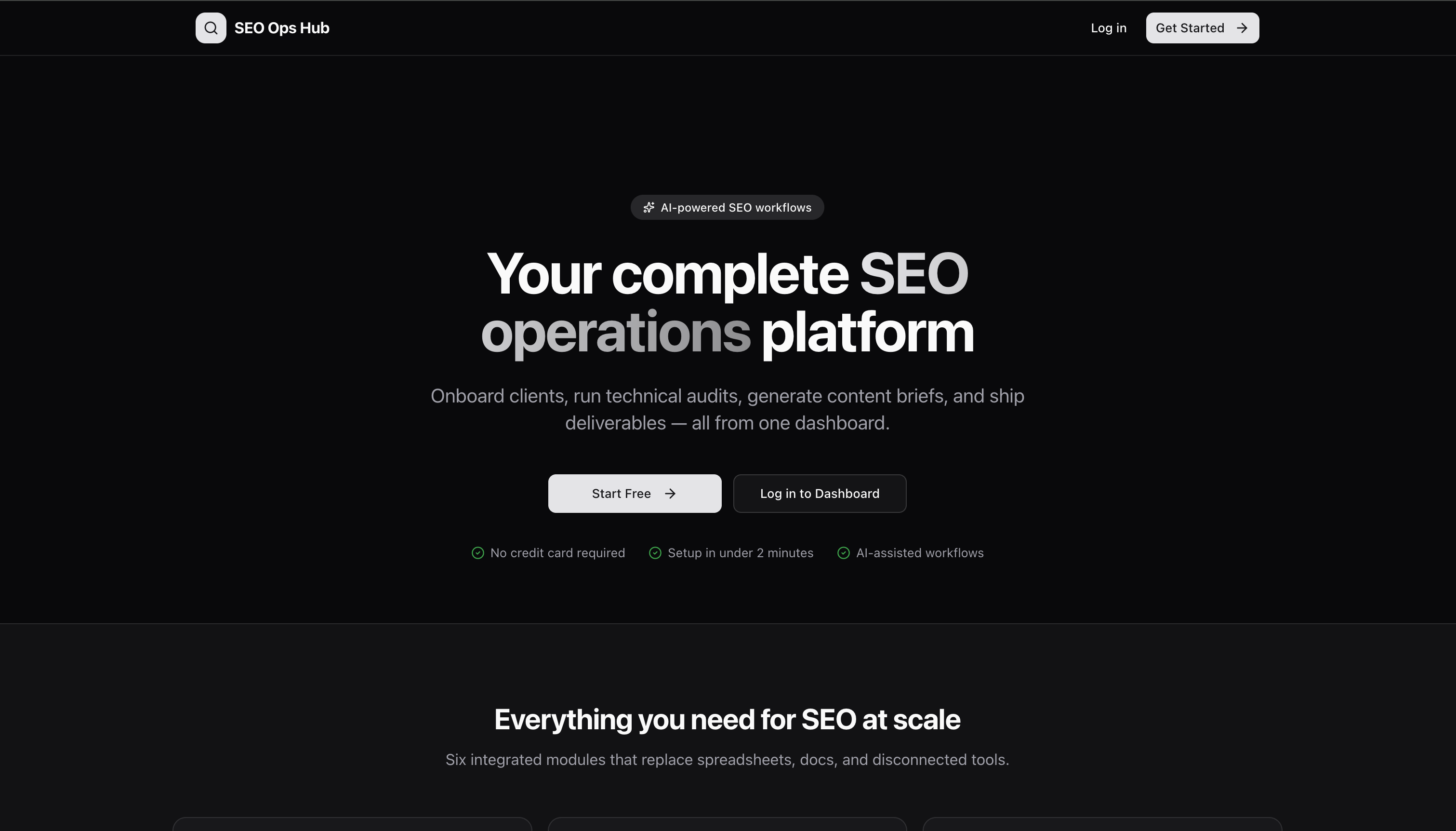 SEO Ops Hub – Complete SEO operations platform. Onboard clients, run technical audits, generate content briefs, an